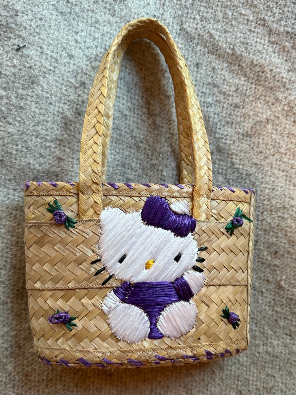 Handwoven Straw Tote with Embroidered “Hello Kitty” Design